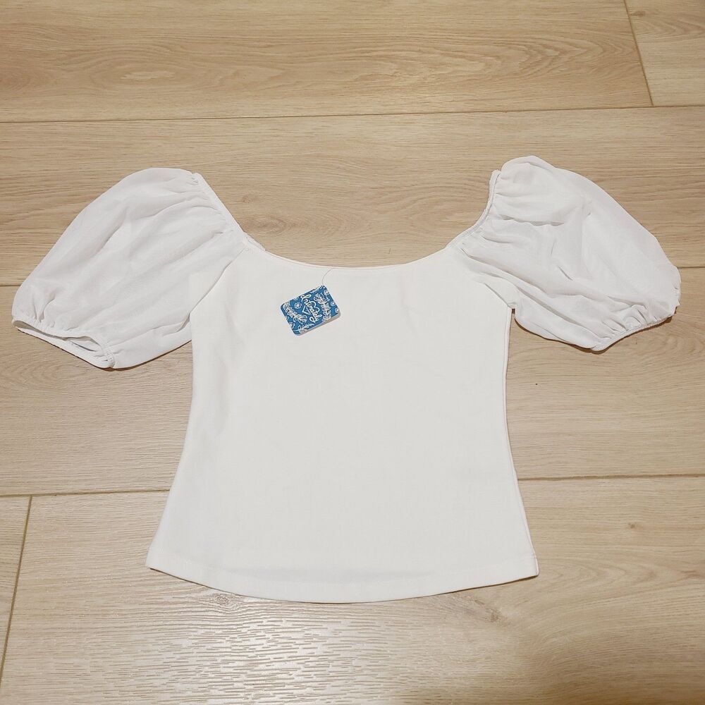 NEW Intimately Free People Shirt XS White Stretch Knit Puff Sleeve Crop Top